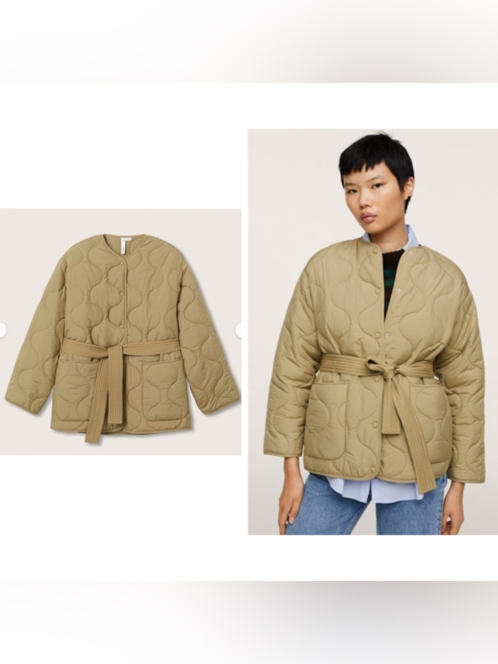 Mango Quilted Belted Jacket - Khaki Beige